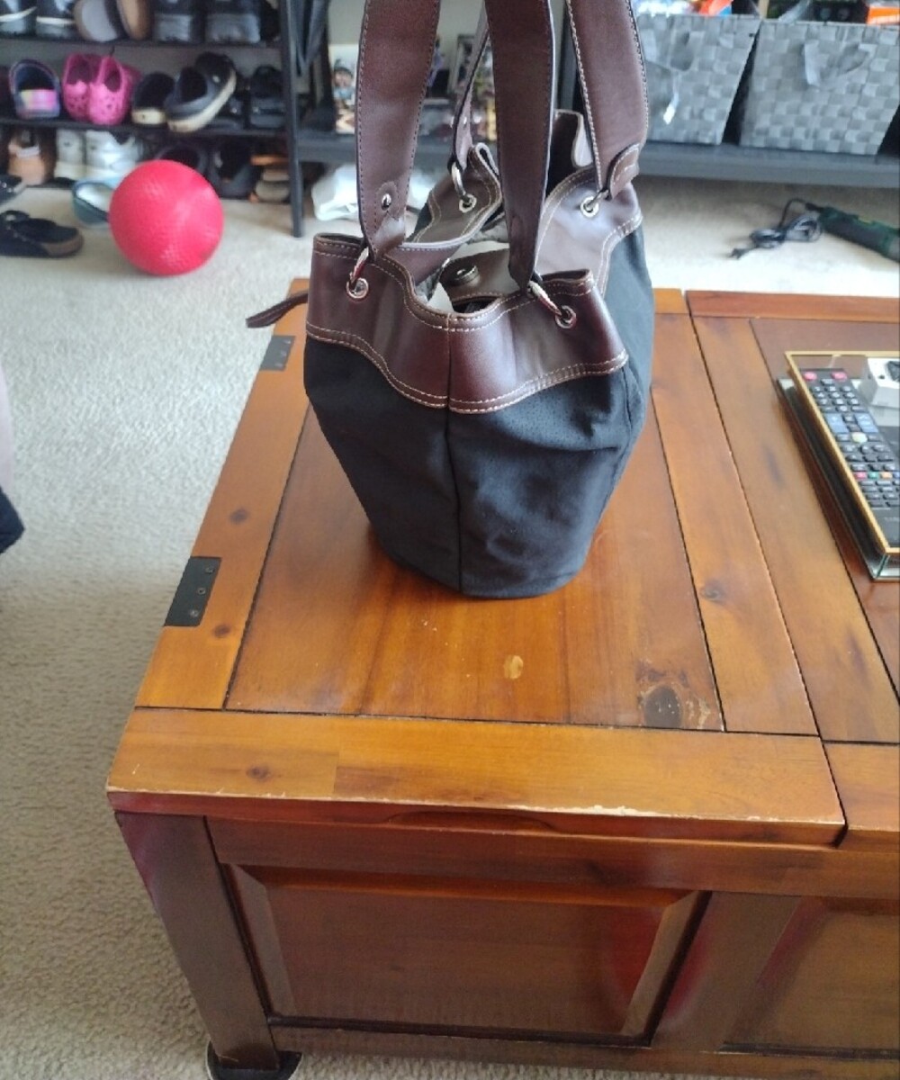 Wilsons Leather Vintage Black Canvas & Brown Leather Bucket Bag - Picture 4 of 13